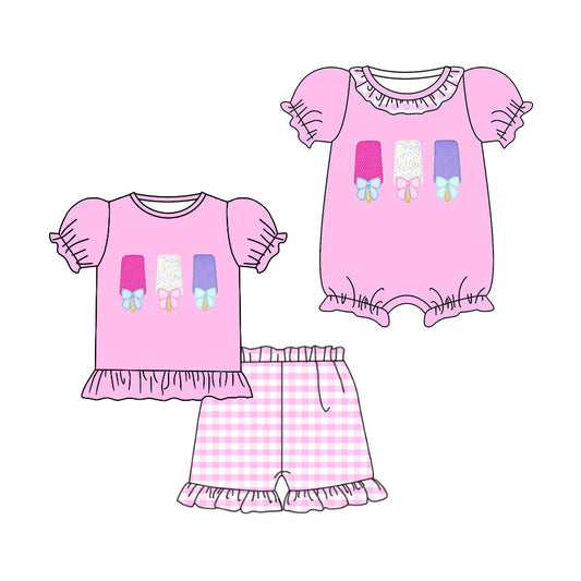 4.9 Custom moq 5 mix size Sibling Baby Girl's Pink Short Sleeve Top Checked Shorts Set Cute Romper for Summer