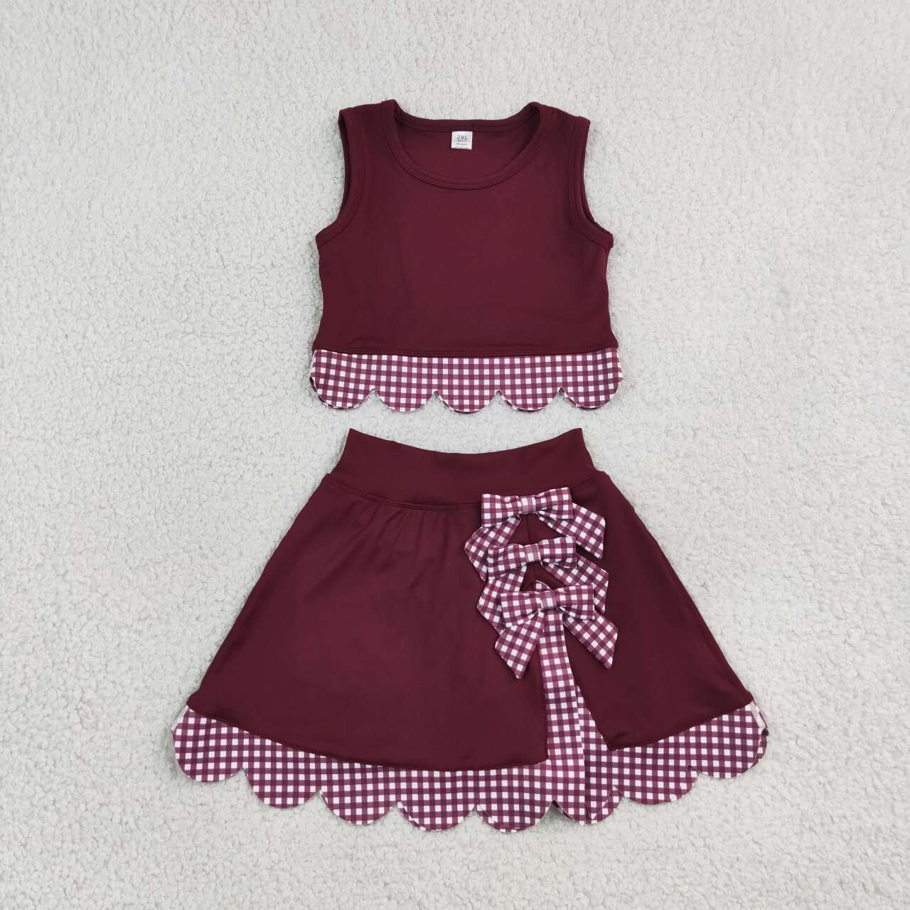 NEW RTS NO MOQ yoga fabric GSD4266 Yoga Baby Girls Cute Bow Maroon Vest Scallop Edge Skort Clothing Set