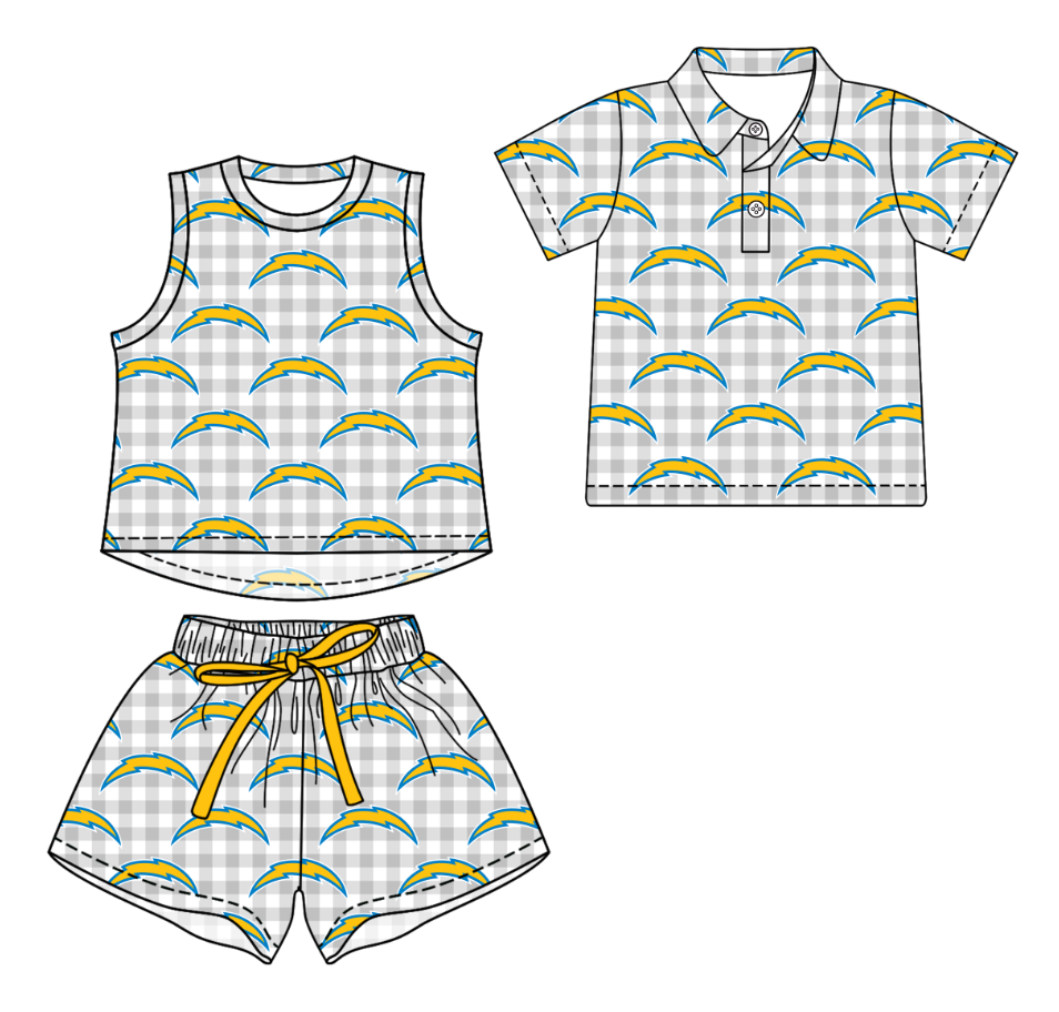 Custom moq 5 mix size milk silk summer teams Girls Grey Checked Top And Short Sets Boys Short Sleeve Button Polo Shirt Top