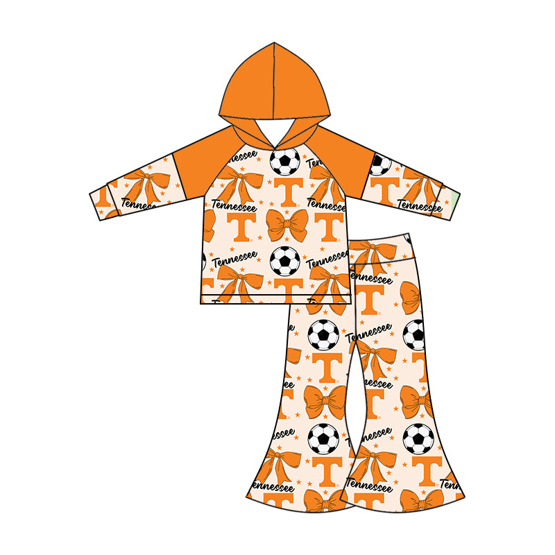 Custom moq 5 each style summer teams baby girls clothes team bow orange long sleeve hooded pants sets and dress 1 and dress 2 and romper-25.6.14