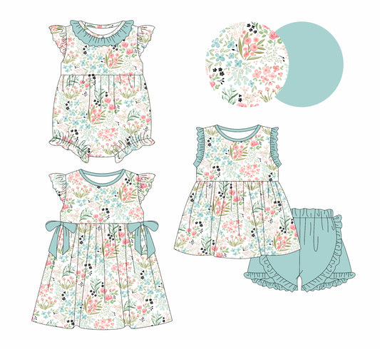 12.28 custom each style moq 5eta 4-6week Sibling Sister floral baby girl short sleeve shorts sets and dress and rompers match family design