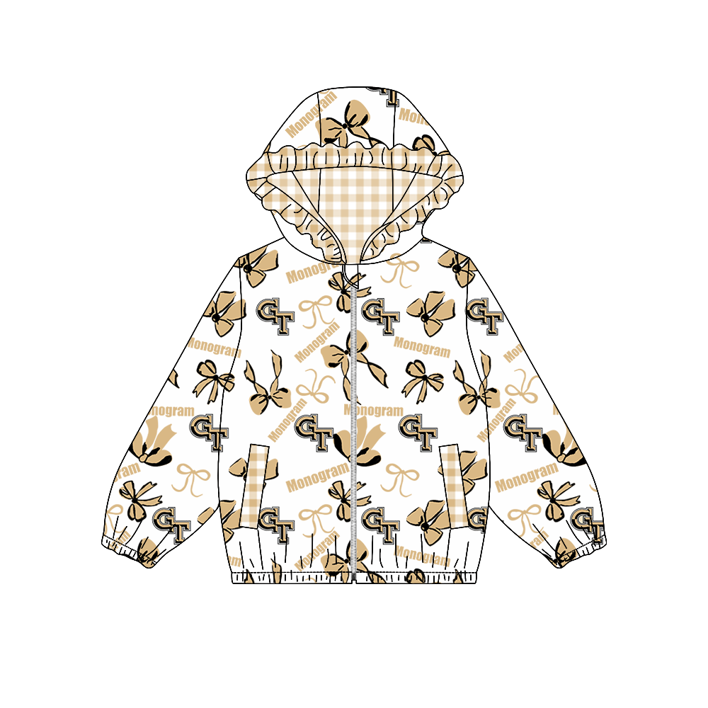 custom moq 5 mix size MSD072703 Baby Girls Bow Print White Long Sleeve Zip Hooded Team Jacket Top