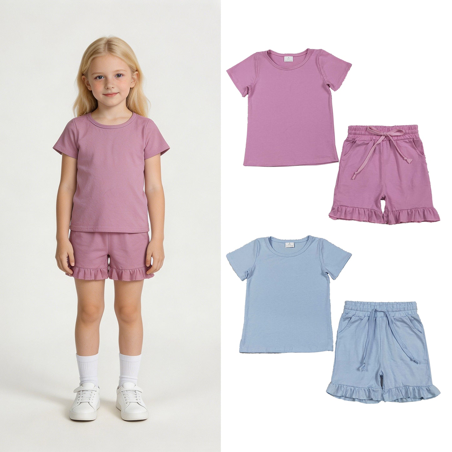 RTS NO MOQ Sibling cotton Baby Girls Short Sleeve Top With Pockets And Ruffle Shorts Set