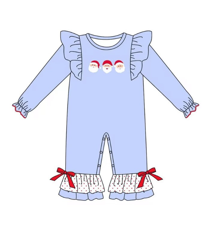 5.18custom each style moq 5eta 4-5week Sibling Sister Christmas style Santa Claus print blue girls and boys outfits and baby romper match family design