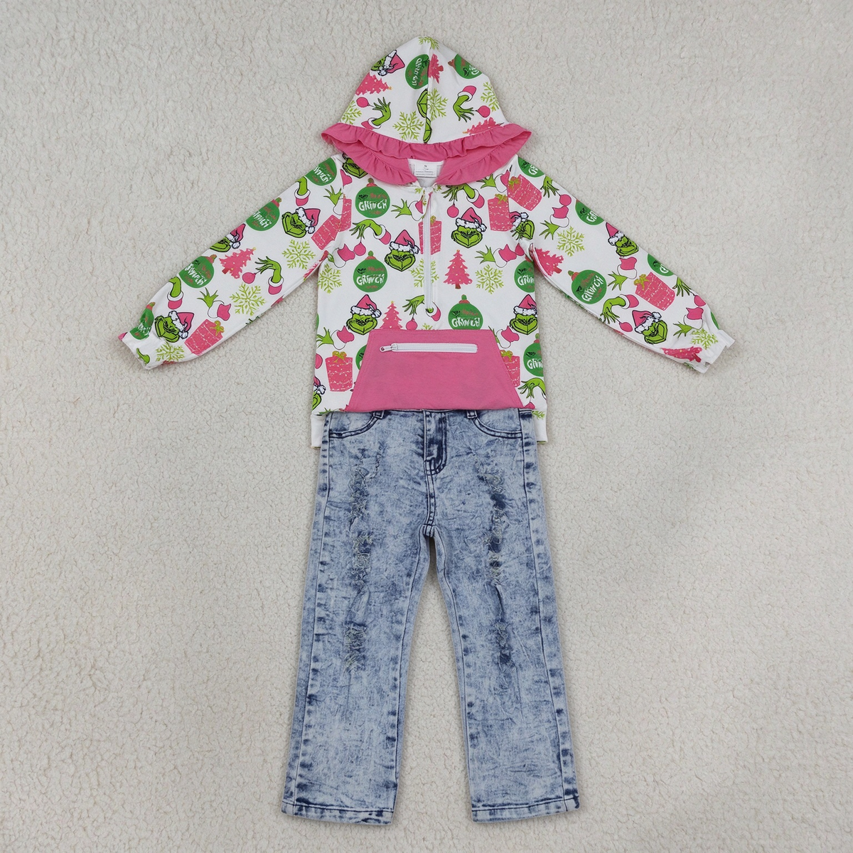 NEW RTS NO MOQ Denim GT1164+ P0244 Cute Clothes Baby Girls Christmas Print Ruffle Hoodie Zip Top Distressed Denim Pant Set