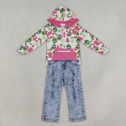 NEW RTS NO MOQ Denim GT1164+ P0244 Cute Clothes Baby Girls Christmas Print Ruffle Hoodie Zip Top Distressed Denim Pant Set