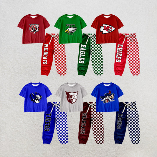 custom moq 5 mix size MSD070408 Baby Kids Short Sleeve Shirt Checked Long Pants Set