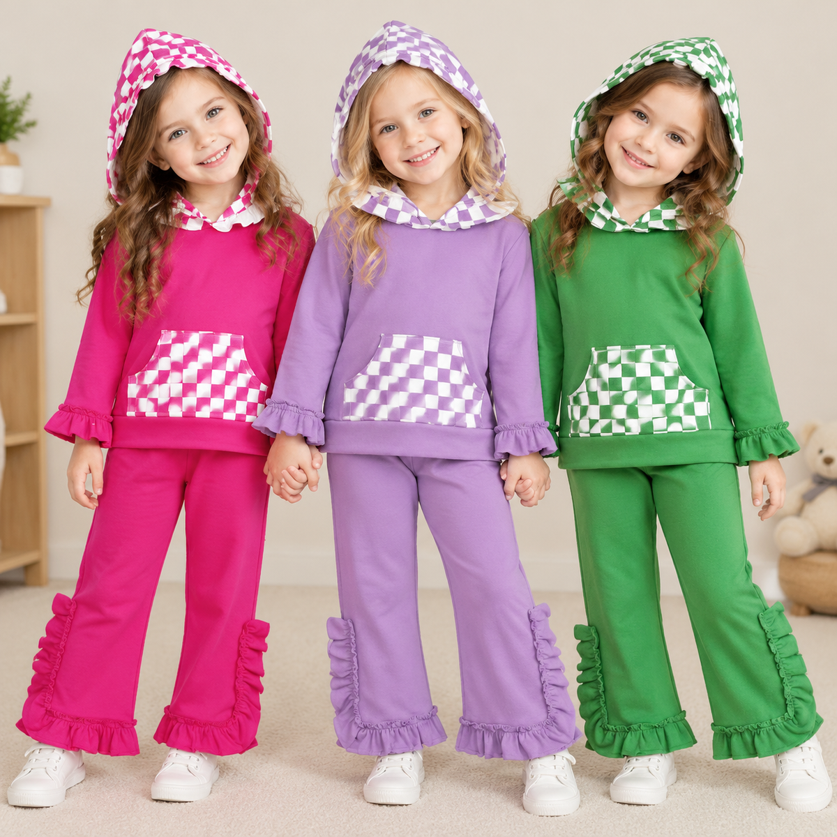 RTS NO MOQ Sibling cotton Baby Girls Checkerboard Print Hooded Top Ruffle Hem Pants Set