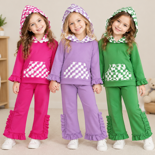 RTS NO MOQ Sibling cotton Baby Girls Checkerboard Print Hooded Top Ruffle Hem Pants Set