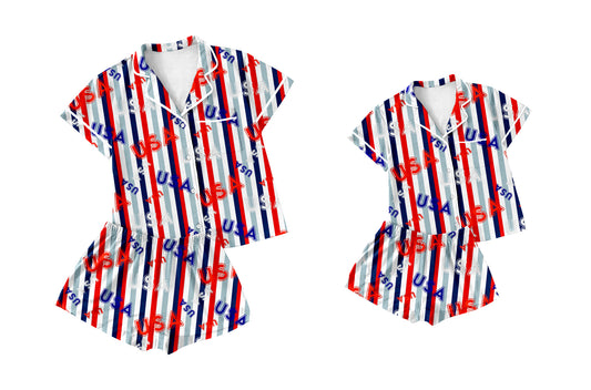 3.3  Custom moq 5 mix size Sibling Mom And Me Pajama Set Short-Sleeved Top And Shorts Matching 4th of July Sleepwear