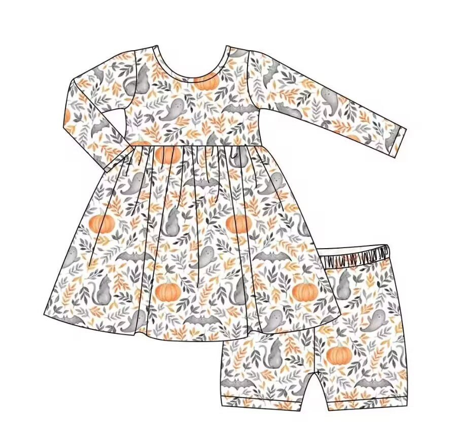 5.9custom each style moq 5eta 4-5week Sibling Sister Halloween Pumpkin Leaf Ghost prints orange girls and boys outfits and baby rompers match family design