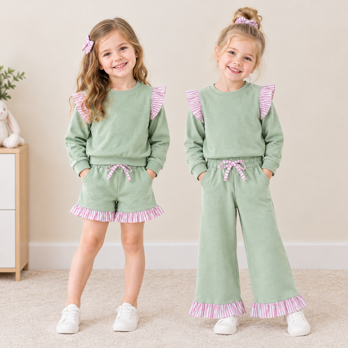 RTS NO MOQ Sibling cotton Baby Girls Light Green Long Sleeve Top With Striped Ruffle And Matching Shorts Or Pants Set