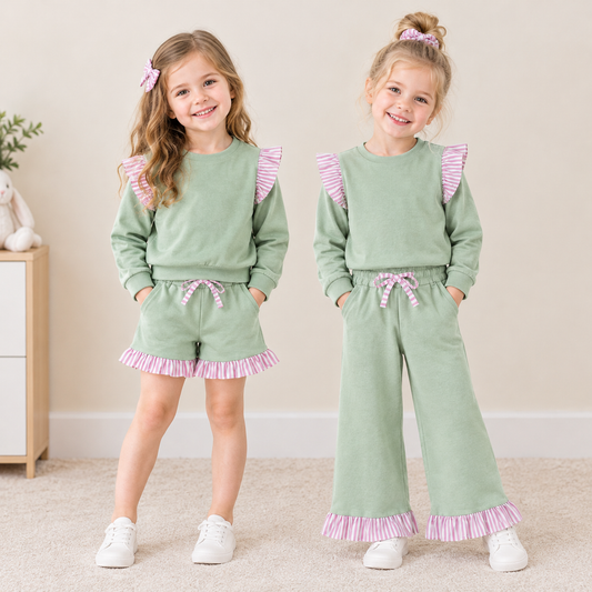 RTS NO MOQ Sibling cotton Baby Girls Light Green Long Sleeve Top With Striped Ruffle And Matching Shorts Or Pants Set