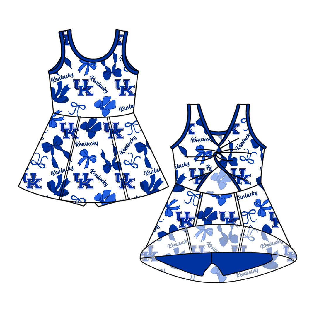 Custom moq 5 mix size milk silk summer teams Blue Bow Baby Girls Vest Top Skirt Shorts Sets Sleeveless Yoga Knee Length Dresses Yoga Shorts