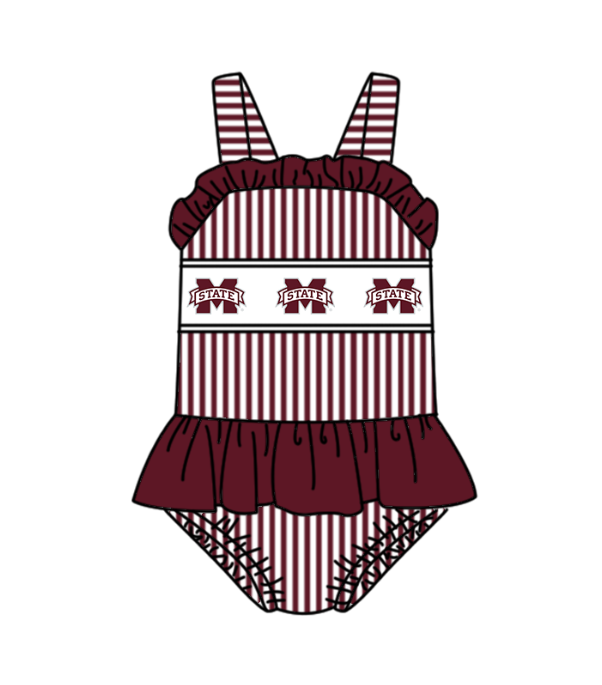Custom moq 5 mix size milk silk summer teams Baby Girl Dark Red Stripe Two-Piece Swimsuit Set One Piece Swimsuits Boys Swim Trunks