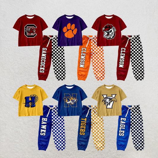 custom moq 5 mix size MSD070908 Baby Kids Short Sleeve Shirt Plaid Patchwork Long Pants Casual Set