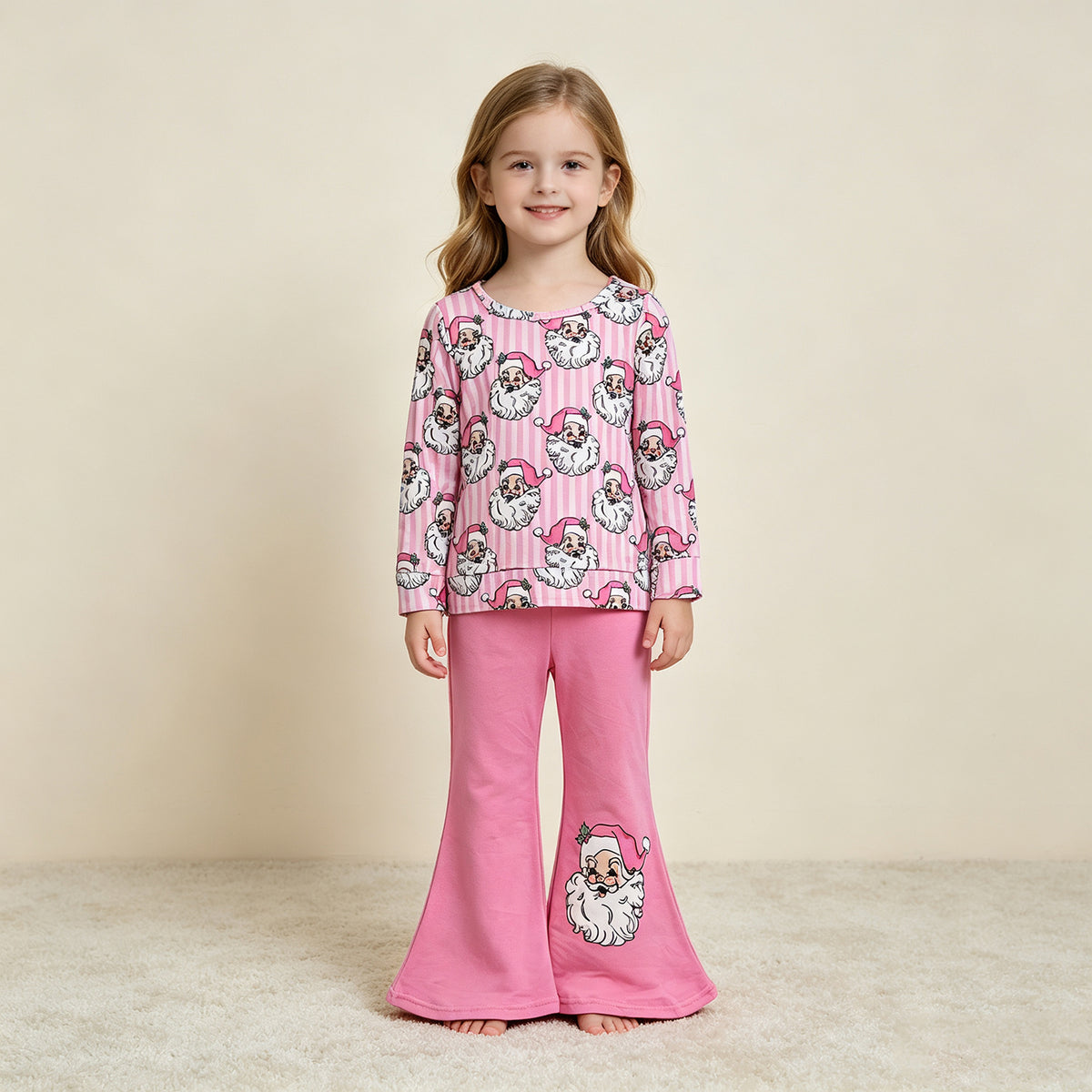 NEW RTS NO MOQ milk silk GLP3538 Baby Girls Pink Striped Santa Print Long Sleeve Top Pink Flare Bell Bottom Pants Outfit