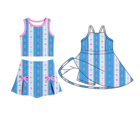 4.13 Custom moq 5 mix size Sibling Baby Girls Sleeveless Bow Stripe Top Skirt Shorts Set Knee-Length Dress
