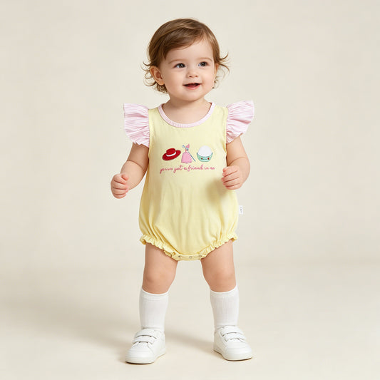 RTS NO MOQ milk silk SR4105 Baby Girls Got a Friend Embroidery Hats Flutter Sleeve Rompers