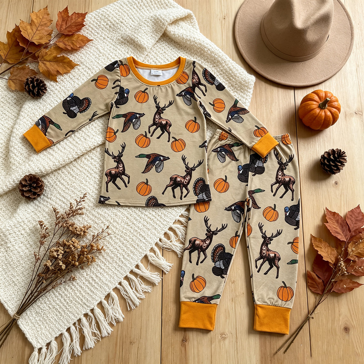 NEW RTS NO MOQ milk silk BLP1556 Baby Boys Pumpkins Ducks Turkey Top Pant Thanksgivings Pajamas Set Holiday Outfit