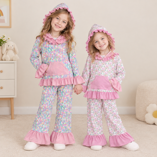 RTS NO MOQ Sibling milk silk Baby Girls Floral Print Ruffle Hoodie Kangaroo Pocket Flare Pants Set