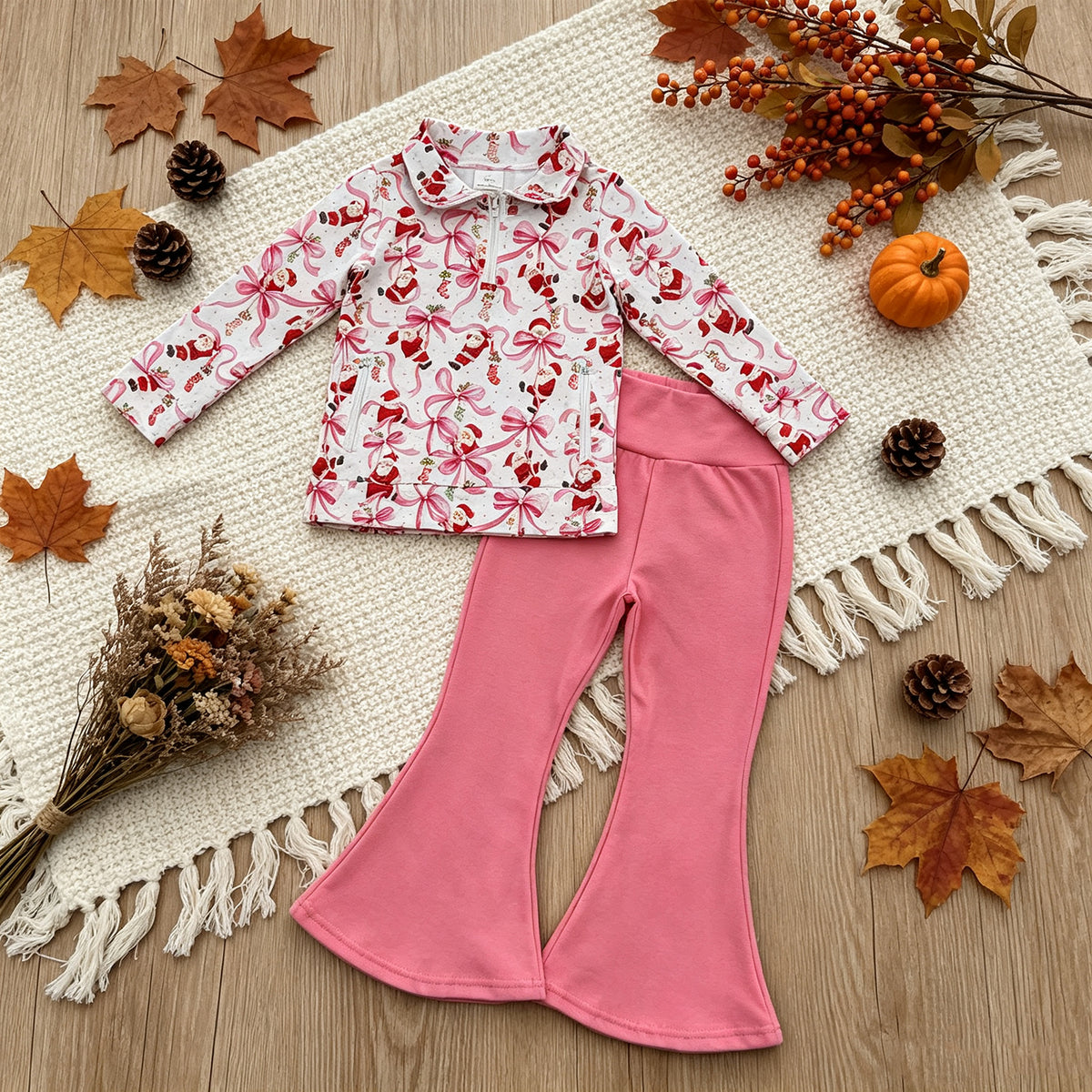 NEW RTS NO MOQ milk silk GLP3508 Baby Girls Bows Santa Zip Pockets Pullovers Flare Pant Christmas Set
