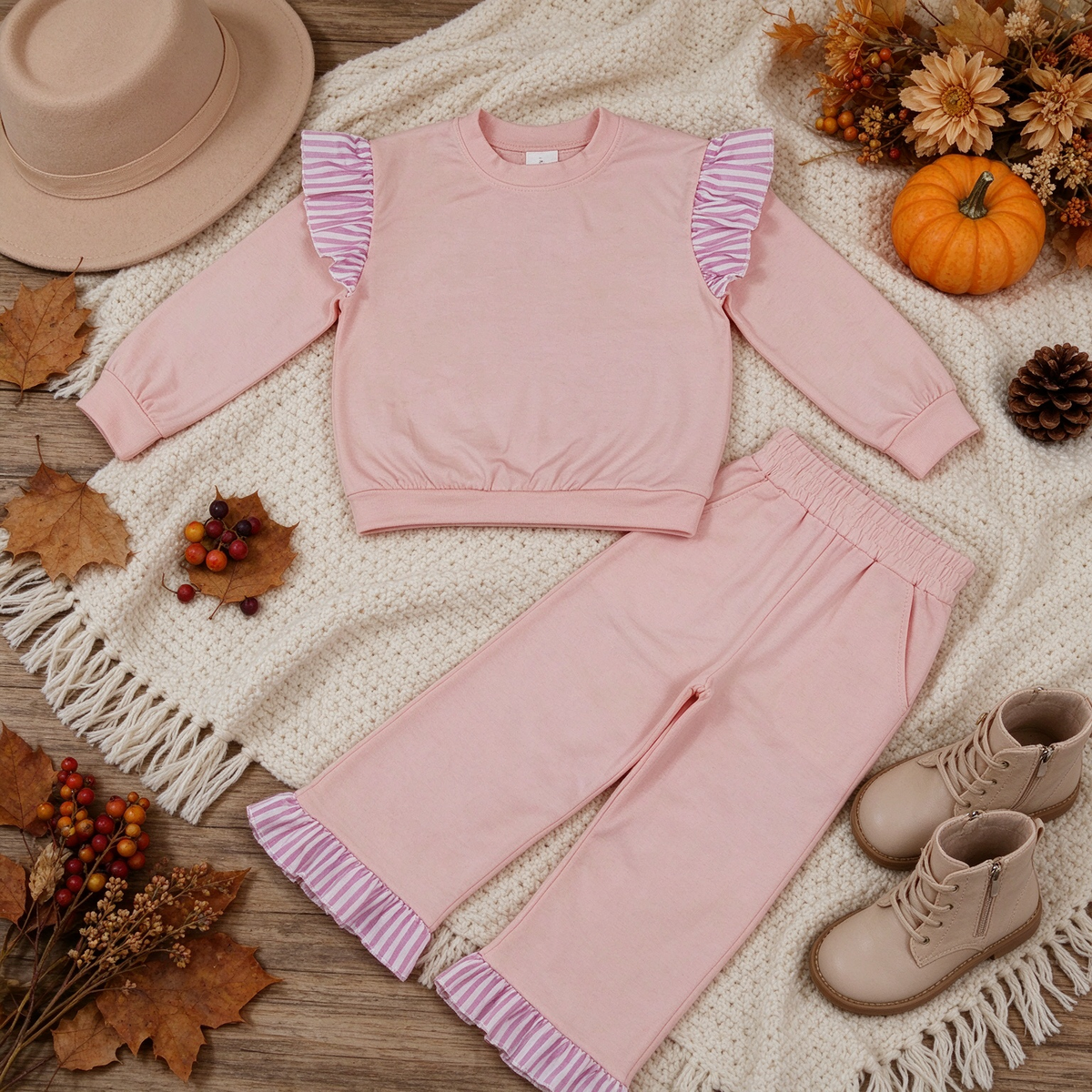 NEW RTS NO MOQ milk silk GLP3702（GT1849+P1151）Baby Girls Long Sleeve Light Pink Top Pockets Ruffle Pant Set