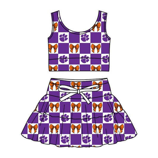 Custom moq 3 or 5 mix size milk silk summer teams baby girl clothes bow purple sleeveless skirts sets-26.1.23