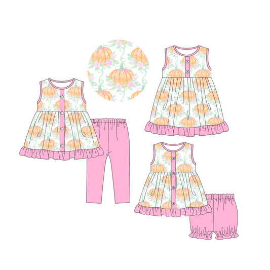 4.30 custom each style moq 5eta 4-6week Sibling Sisters pumpkin floral baby short sleeve shorts sets and pants sets and dress match family design