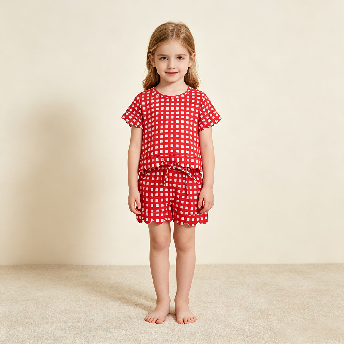NEW RTS NO MOQ milk silk GSSO3838 Baby Girls Red Check Shirt Top Scallop Shorts Set