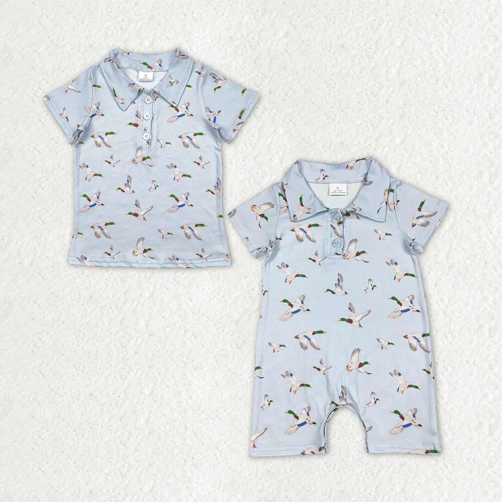 RTS NO MOQ Sibling Baby Boys Ducks Short Sleeve Polo Shirt Button Top with Short Rompers