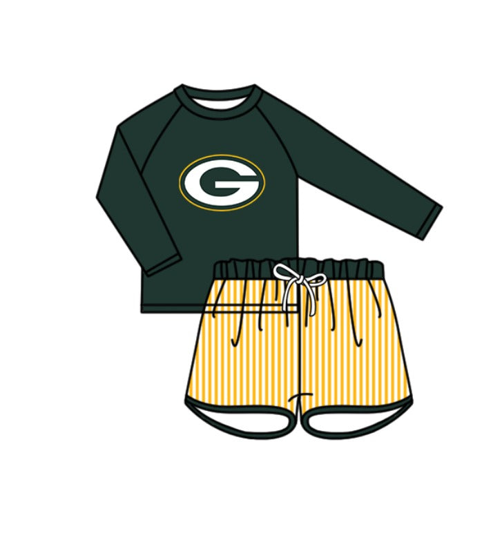 Custom moq 5 mix size milk silk summer teams baby girl boys clothes Dark Green Two-Piece Swimsuit Set One Piece Swimsuits boy swim trunks