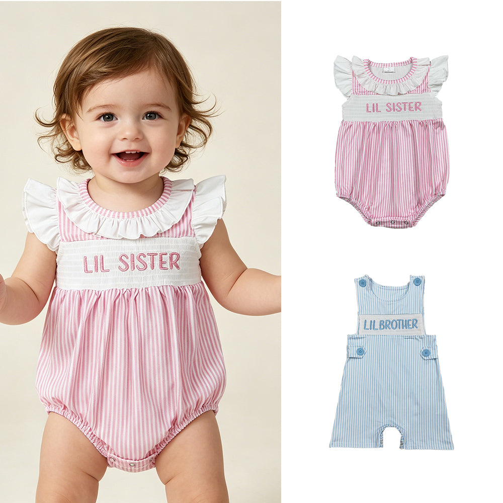 RTS NO MOQ Sibling Baby Boys Girls Embroidered Smocked Stripe Rompers