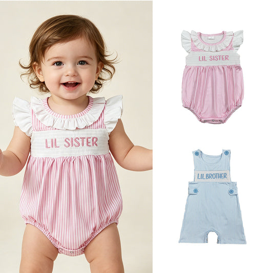 RTS NO MOQ Sibling Baby Boys Girls Embroidered Smocked Stripe Rompers