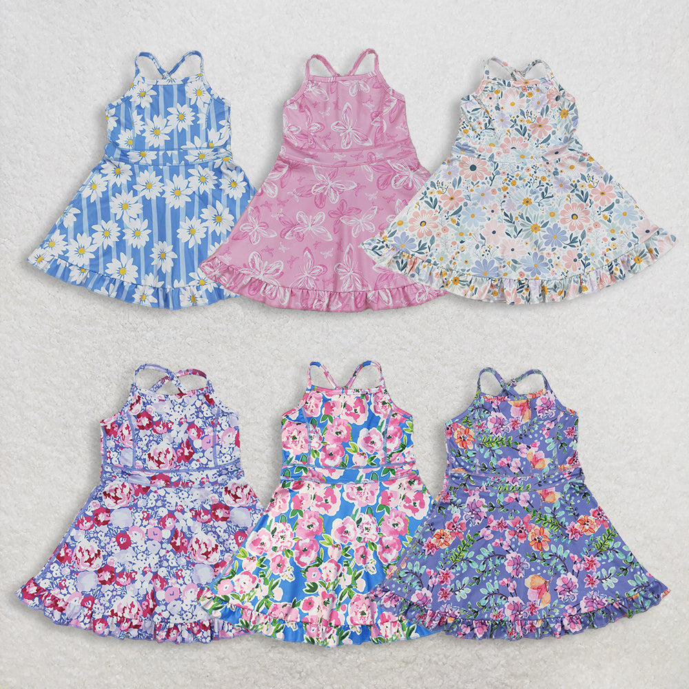 RTS NO MOQ Sibling Baby Girls Floral Yoga Ruffle Knee Length Dresses Strap Stripe Cute Baby Girls Dress