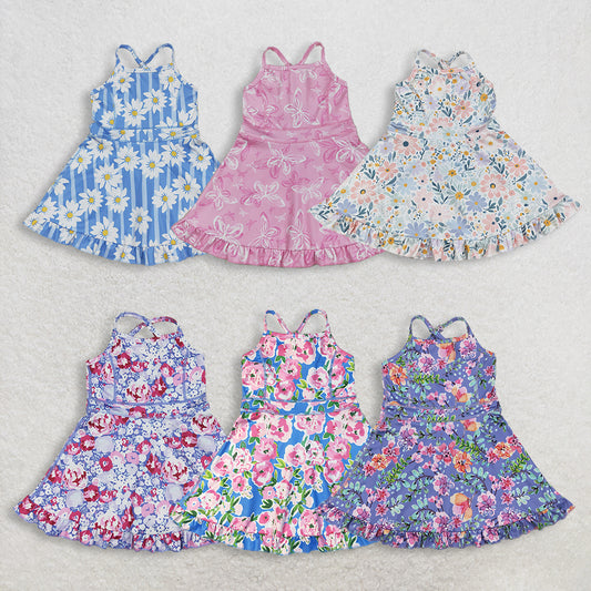 RTS NO MOQ Sibling Baby Girls Floral Yoga Ruffle Knee Length Dresses Strap Stripe Cute Baby Girls Dress