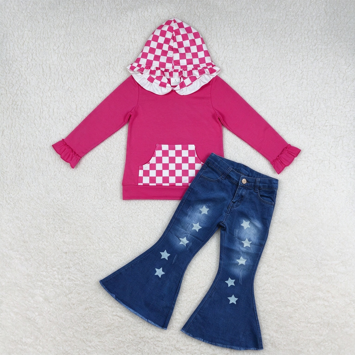 NEW RTS NO MOQ Denim GT1851+ P0127 Baby Girls Hot Pink Checkered Ruffle Hoodie With Pocket Stars Denim Bell Pants Set