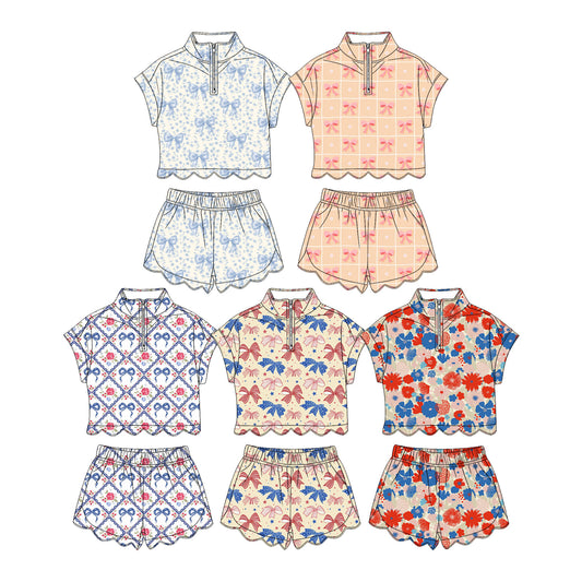 3.30 Custom moq 5 mix size Sibling Baby Girl's Bows Zip Top Short Scallop Clothes Set