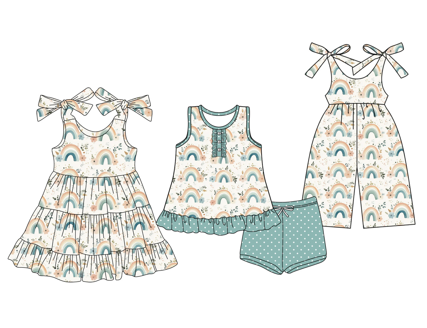 3.24 custom each style moq 5eta 4-6week Sibling Sister rainbow floral baby girl short sleeve shorts sets and dresses and jumpsuit match design