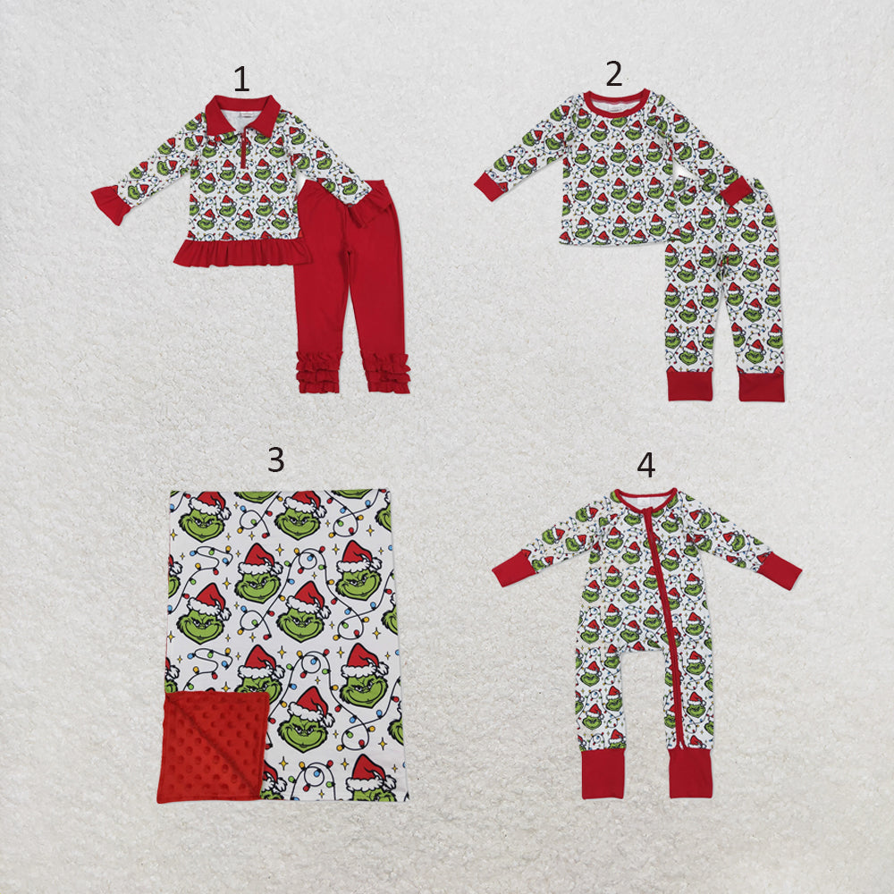 RTS NO MOQ Sibling milk silk Cute Clothes Baby Boys Girls Christmas Lights Print Zipper Footie Romper Christmas Pajama Set With Blanket