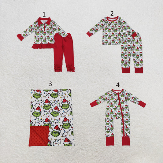 RTS NO MOQ Sibling milk silk Cute Clothes Baby Boys Girls Christmas Lights Print Zipper Footie Romper Christmas Pajama Set With Blanket
