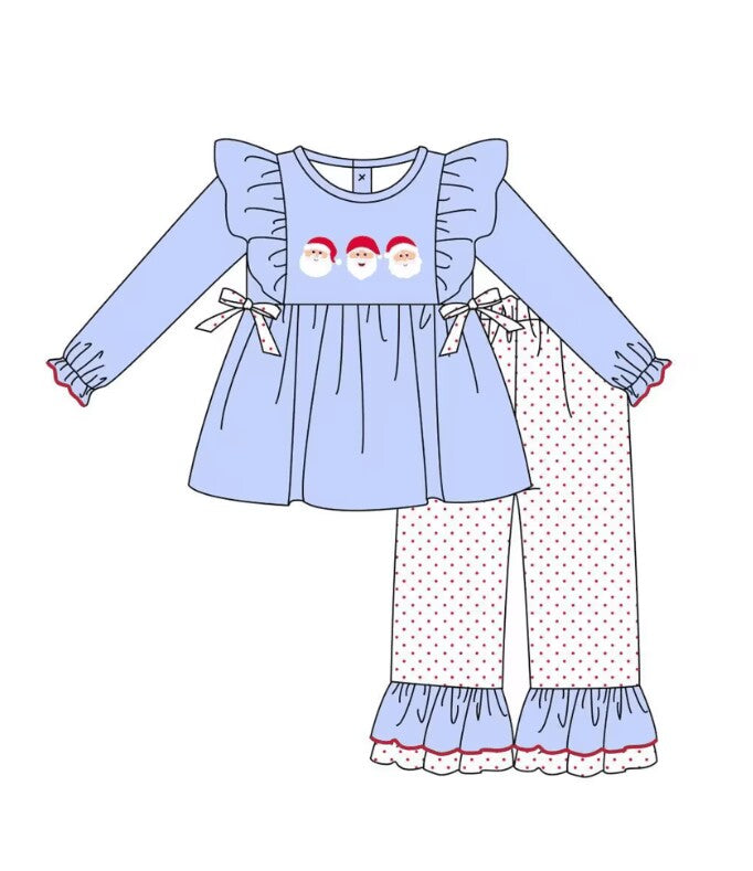 5.18custom each style moq 5eta 4-5week Sibling Sister Christmas style Santa Claus print blue girls and boys outfits and baby romper match family design