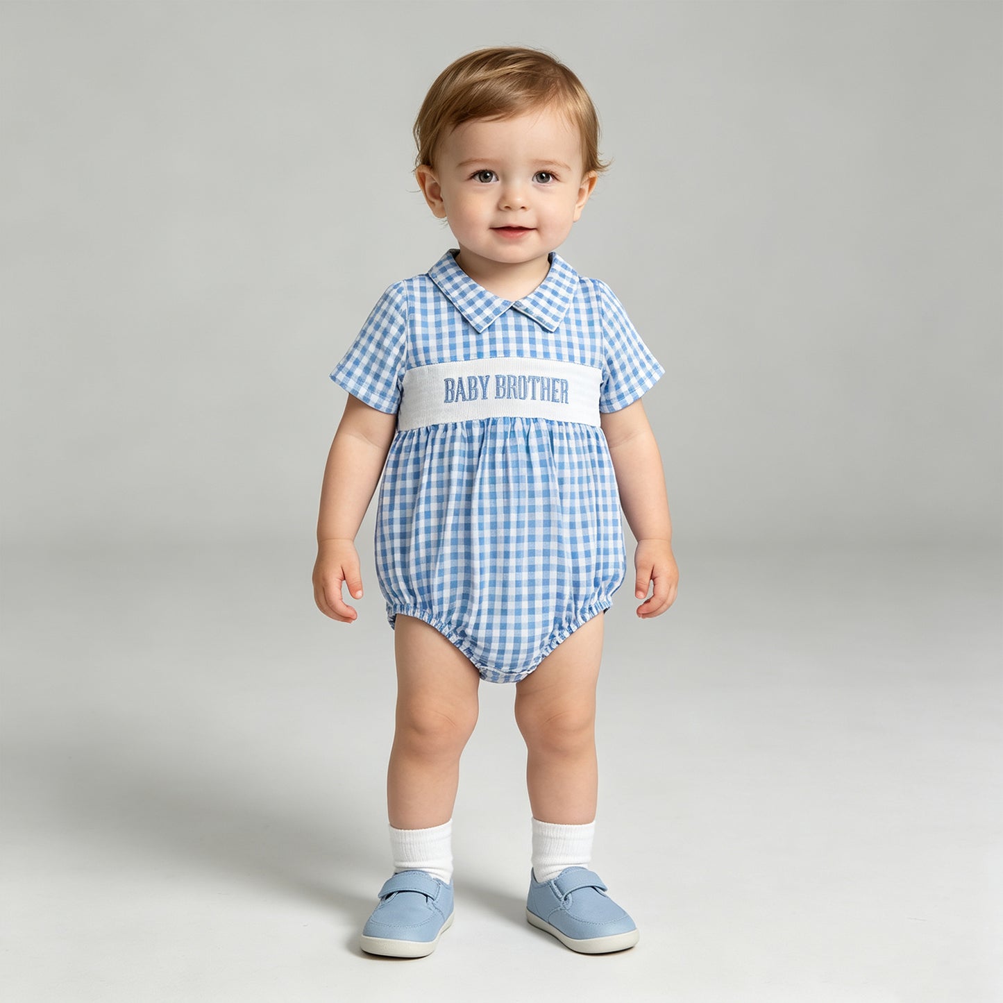 NEW RTS NO MOQ milk silk SR4231 Smocked Baby Blue Check Short Sleeve Casual Rompers