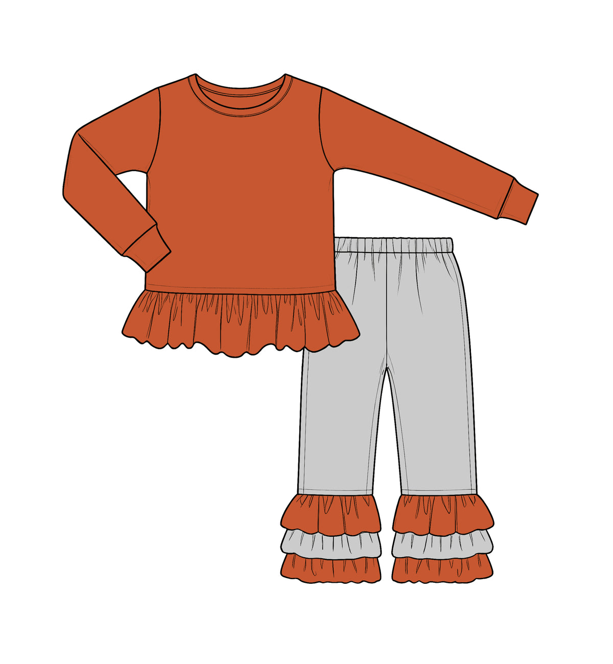 Custom moq 5 cotton fabric fall grils ruffle bow Orange and grey lace long-sleeve top and trousers set blank offer custom logodie sets