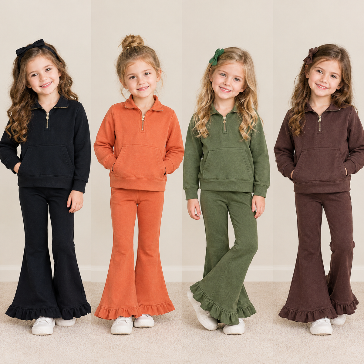 RTS NO MOQ Sibling fleece Baby Girls Solid Color Zip Pockets Top Flare Ruffle Pant Sweater Clothes Set