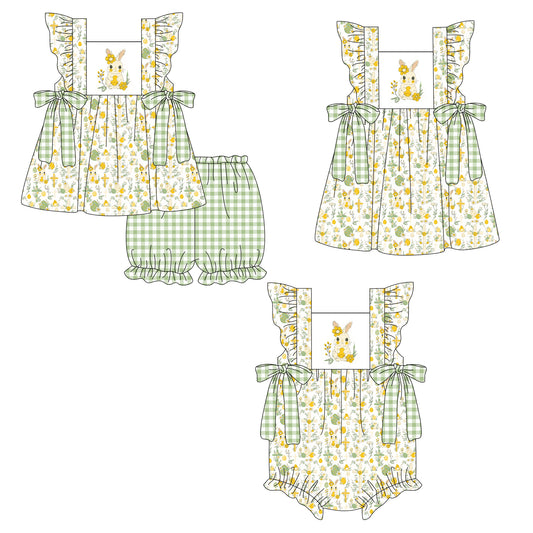 26.1.5 custom each style moq 5 eta 6-8week Sibling Sister easter baby short sleeve shorts sets and romper and dress match design
