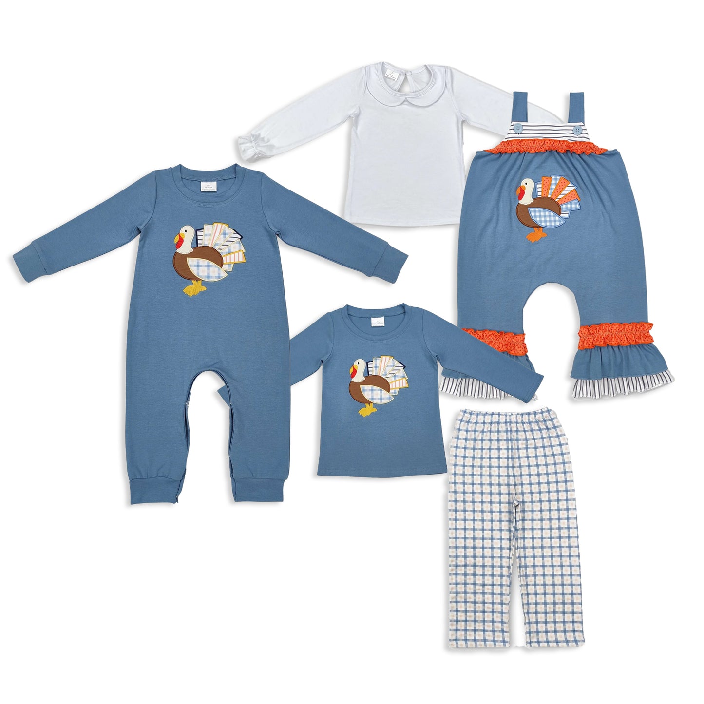 RTS NO MOQ Sibling Baby girls boy clothes Embroidery turkey long sleeved trousers suit & romper