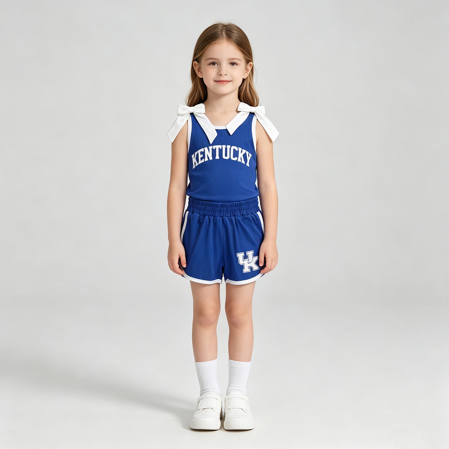 NEW RTS NO MOQ Vinyl GSSO3830 Baby Girls White Bows Blue Kentucky Top Short Team Clothes Sets