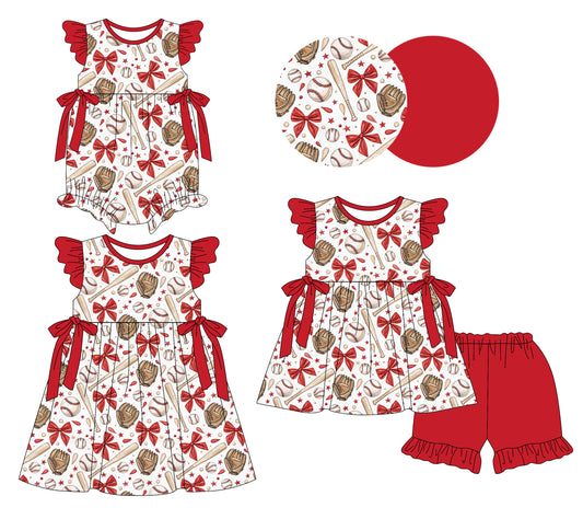 25.12.18 custom each style moq 5 eta 6-8week Sibling Sister baseball bow baby short sleeve shorts sets and romper and dress match design