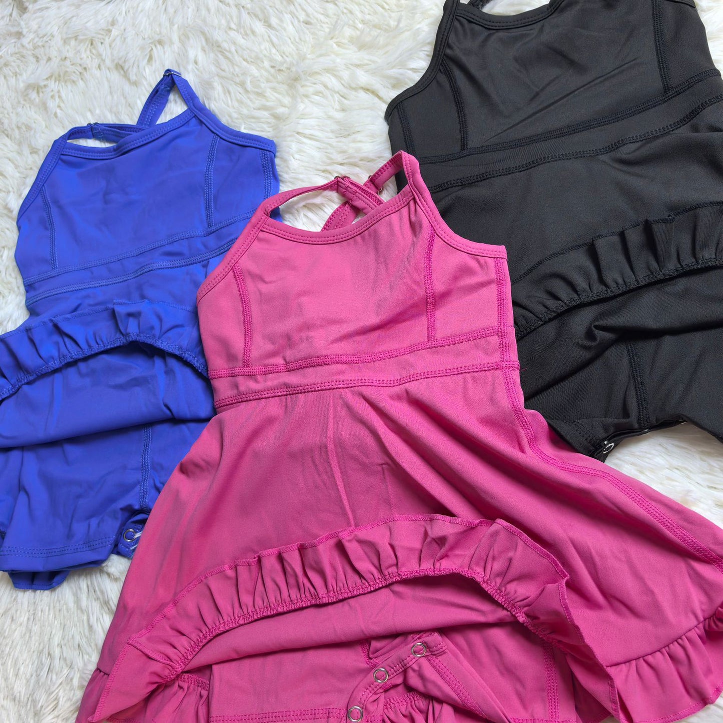 RTS NO MOQ Sibling Baby Girls Summer Solid Color Strap Yoga Shorts Ruffle Knee Length Dresses